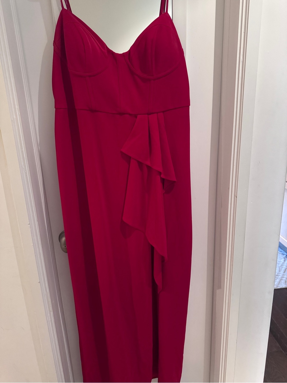 David's Bridal Fuchsia Strapless Ruffle-Front Evening Gown